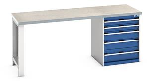 Bott Bench 2000x750x840mm with Lino Top and 5 Drawer Cabinet 840mm High Benches 41003231.11v Gentian Blue (RAL5010) 41003231.24v Crimson Red (RAL3004) 41003231.19v Dark Grey (RAL7016) 41003231.16v Light Grey (RAL7035) 41003231.RAL Bespoke colour £ extra will be quoted